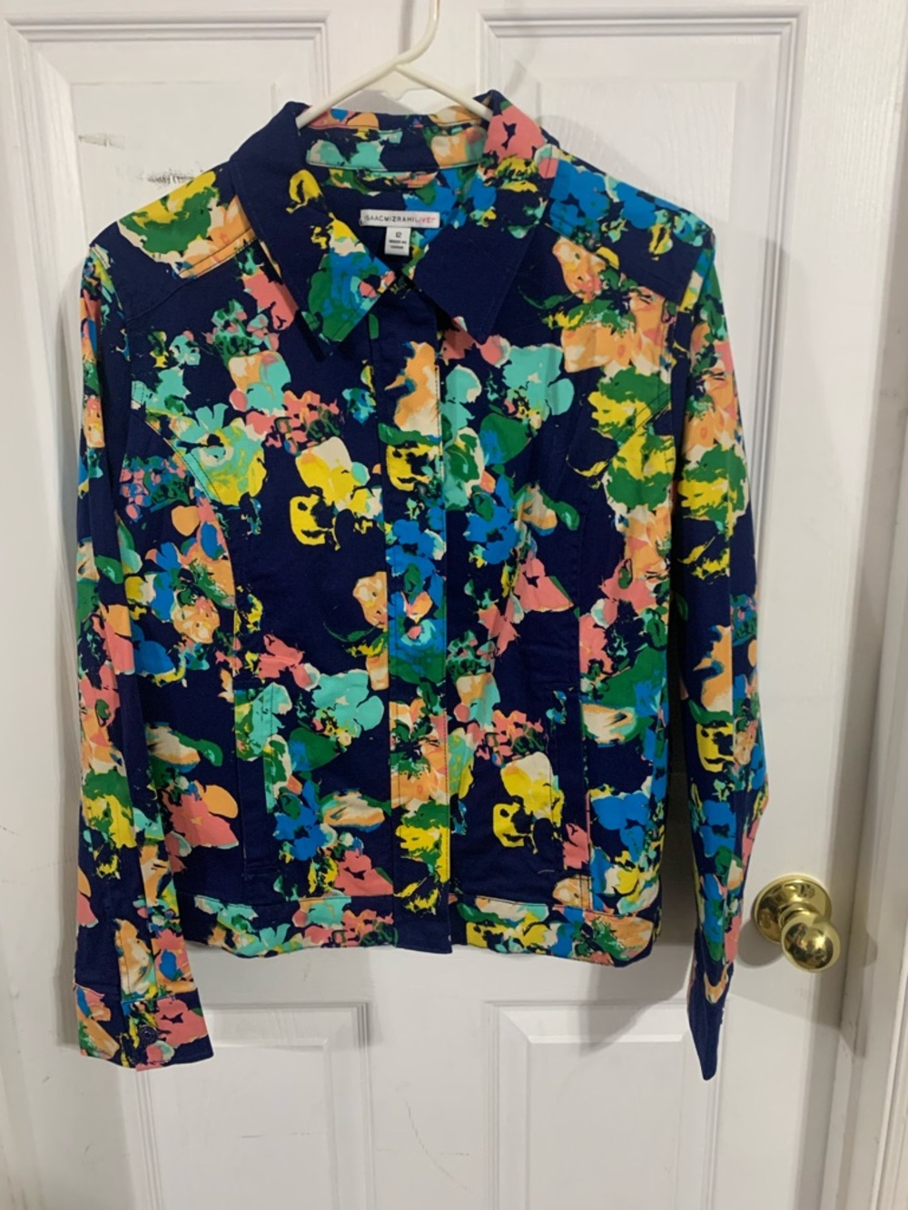 Isaac Mizrahi Navy Floral Zip Jacket with Multicolor Blooms